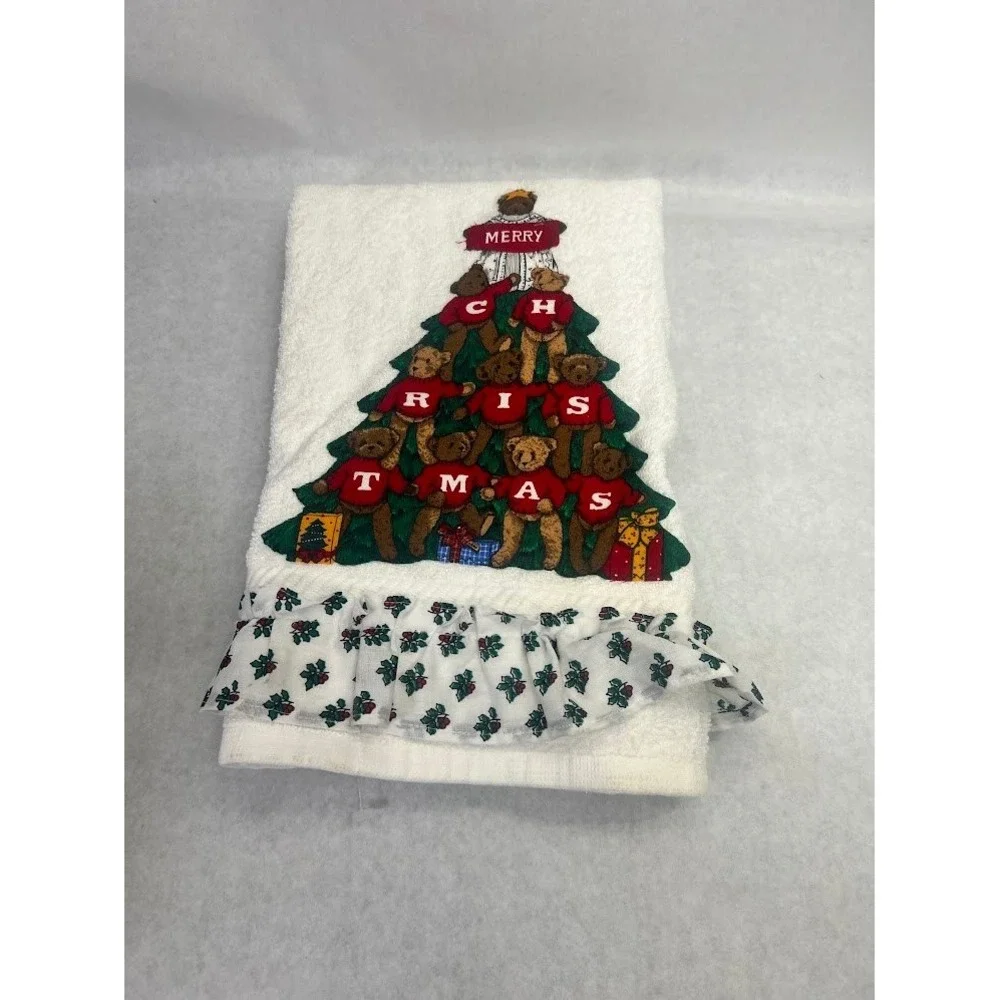 Bathworks White Cotton Hand Towel Merry Christmas Teddy Bear Tree Ruffle Trim